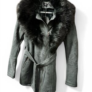 Riviera Black Suede Trench Coat with Faux Fur Collar